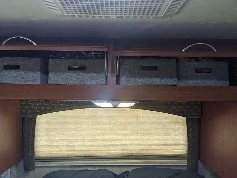 bins for RV organization of overhead cupboards