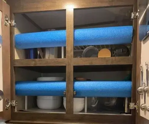 pool noodles in RV cupboard