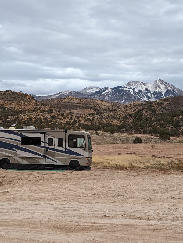 RV trip wizard makes sure you don't miss beautiful views like these snowcapped mountains behind our Class A RV 