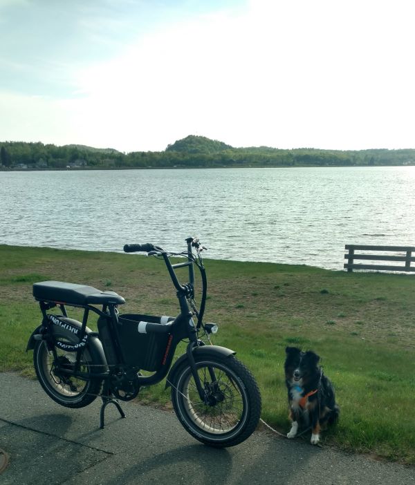 A black e bike parked next to a lake on an RV road trip. Our dog Luna who is a black tri mini Australian shepherd is sitting next to the bike. 