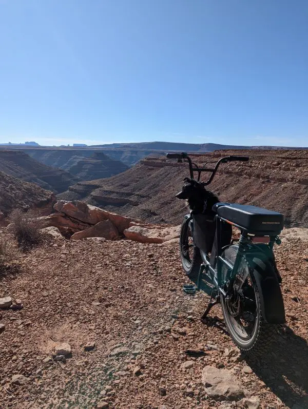 e bike parked on the edge of a canyon with our dog Luna inside the basket of the bike. The RV bike rack means you can visit places like this more easily.