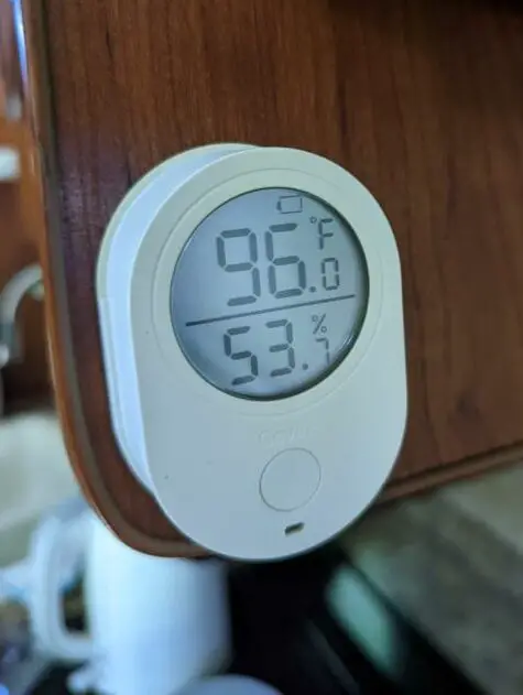 A picture of our RV temperature monitor after the power at the RV park went out for a mere 20 minutes. Luckily I was able to turn the RV AC off our onboard RV generator to cool it back down. 