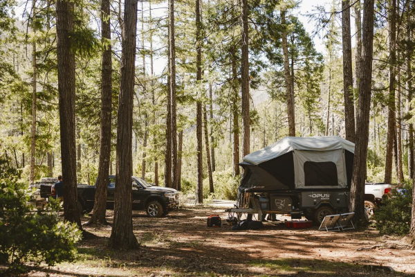OPUS pop up camper set up amongst the trees